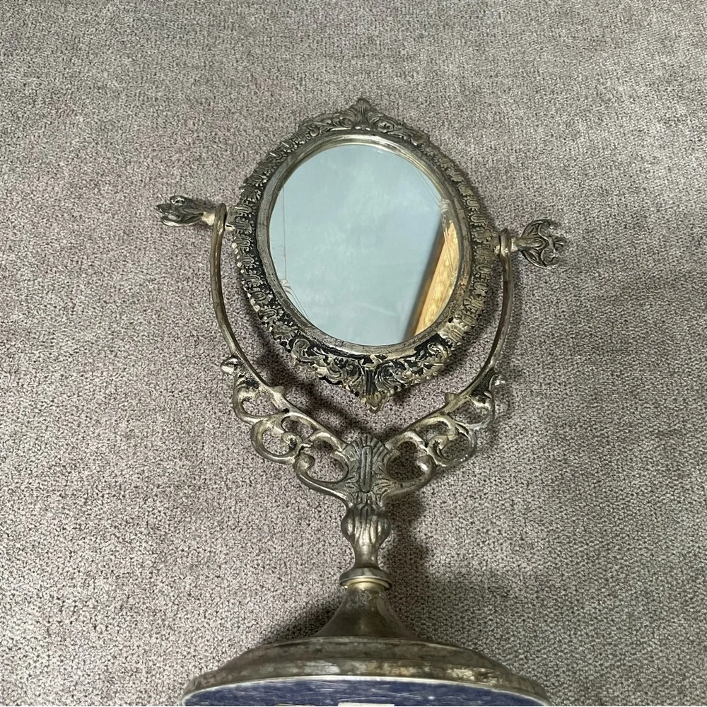 Vintage Ornate European Style Brass Toned Metal Vanity Mirror